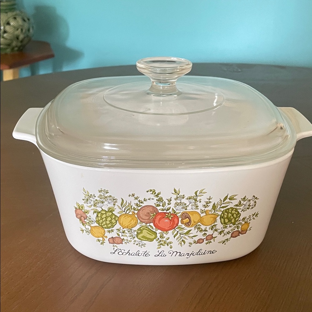 Corningware White Casserole Dish with Clear Lid and Colorful Vegetable Design